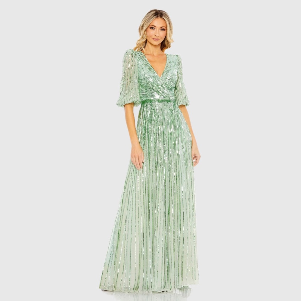 Mac Duggal Green Sequined Wrap Over 3/4 Sleeve Gown